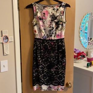 Maggy London Dress. floral with black lace overlay